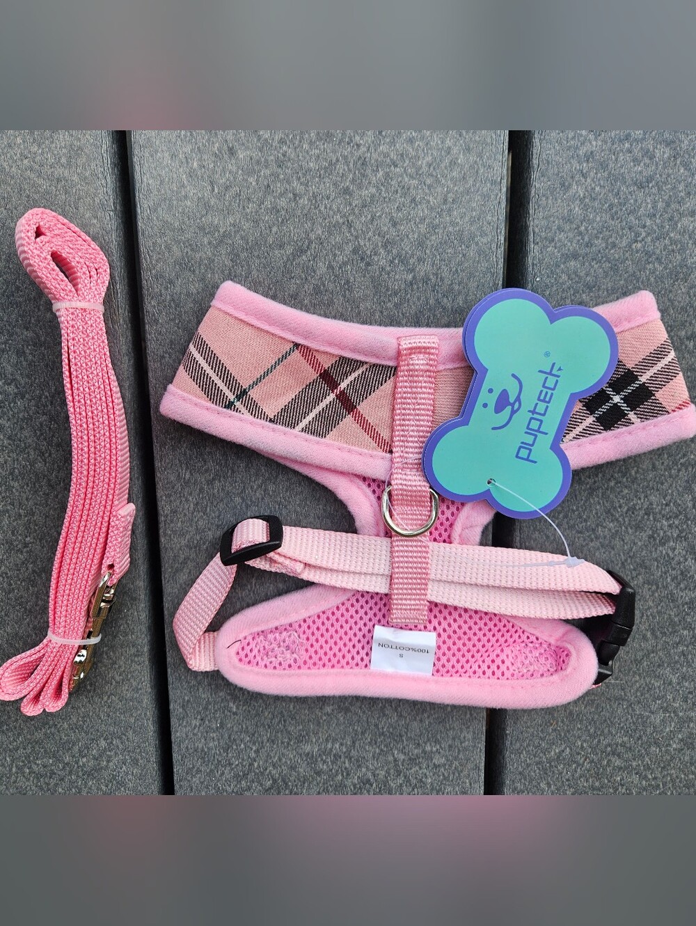 🐶 PUPTECK Pink Plaid Soft Mesh Harness + Leash – Size Small